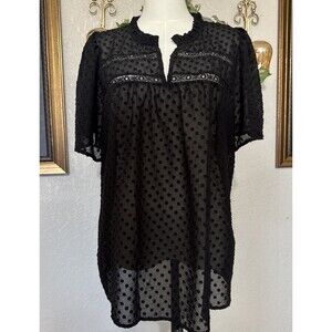 Flower & Feather Texture Floral Top Blouse Black Short Sleeve Ruffle V-Neck Sz L